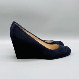 LK Bennett Shoes Womens 9 Blue Suede Pumps Wedge Heels Round Toe London Classic